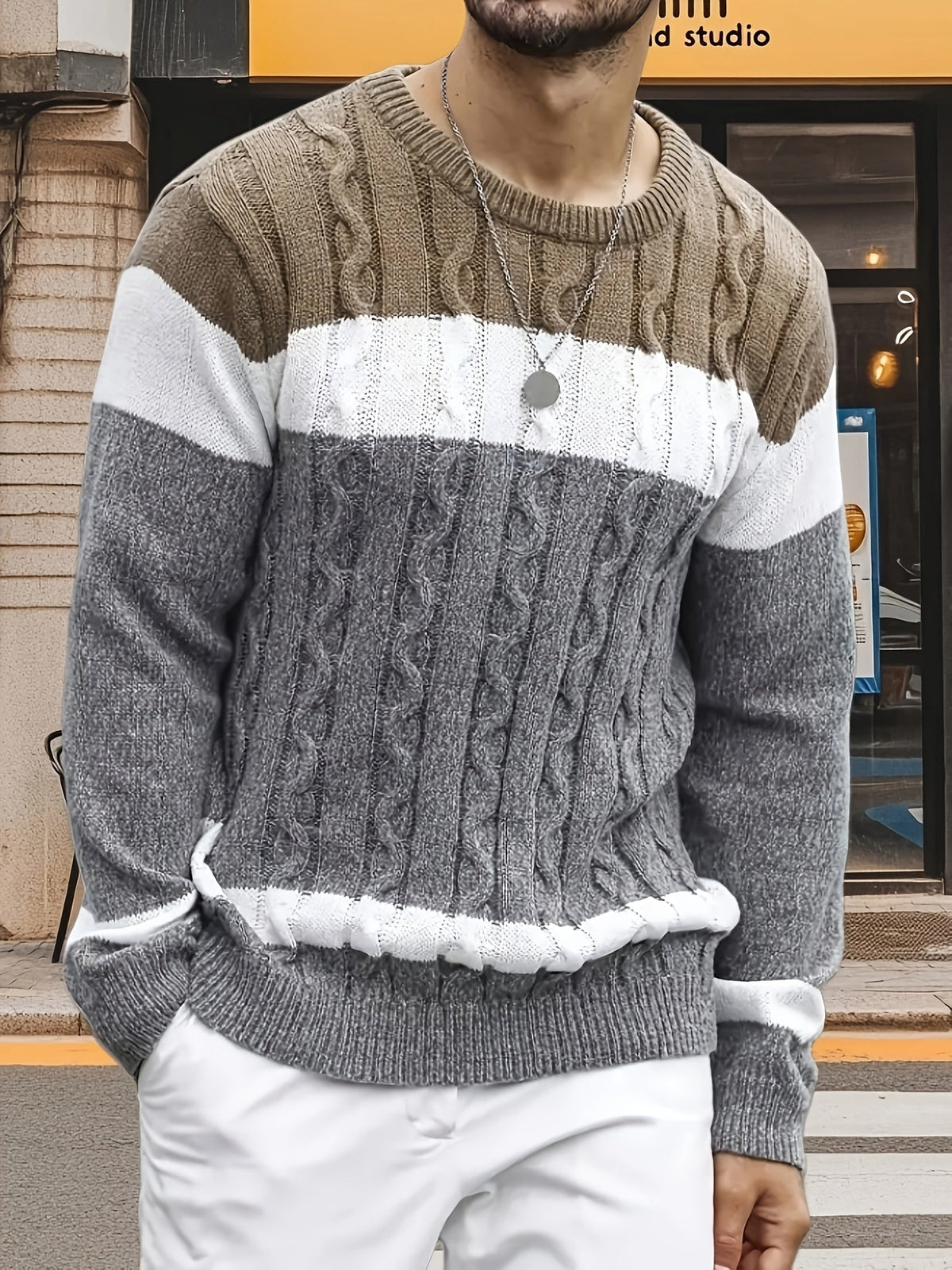 Grevyn | Men's Colour Block Cable-Knit Pullover Sweater